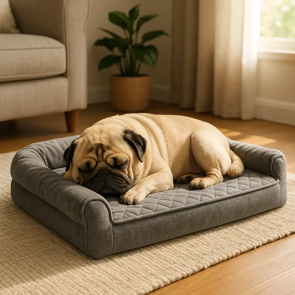 A fawn-colored pug peacefully sleeping on a gray cooling gel dog bed in a cozy, sunlit living room with a soft rug and indoor plant nearby.