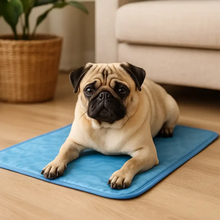 A fawn-colored pug rests comfortably on a blue dog cooling mat placed on a wooden floor, with a beige couch and a woven basket plant in the background.