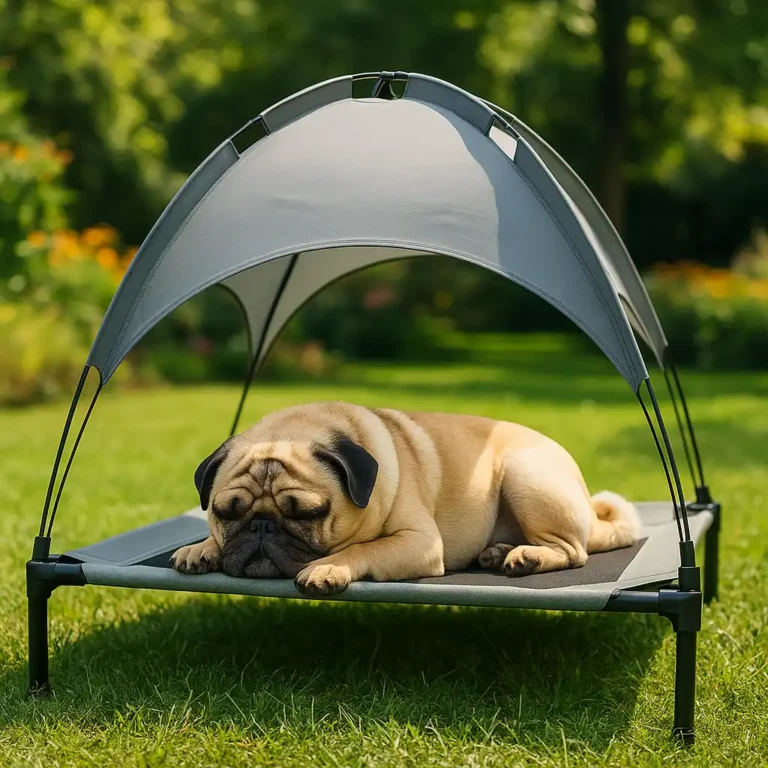 A photograph of a pug resting comfortably on an elevated cooling dog bed with a canopy, showcasing a shaded outdoor setup for hot weather relief.