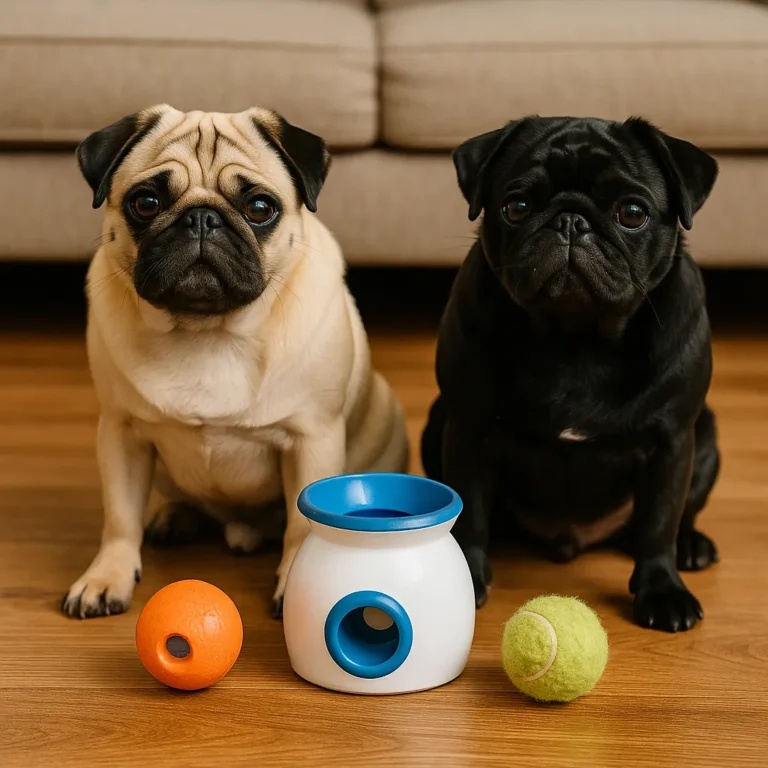Two pugs, one fawn and one black, sitting on a hardwood floor with three fetch toys including a launcher, an orange ball, and a green tennis ball.