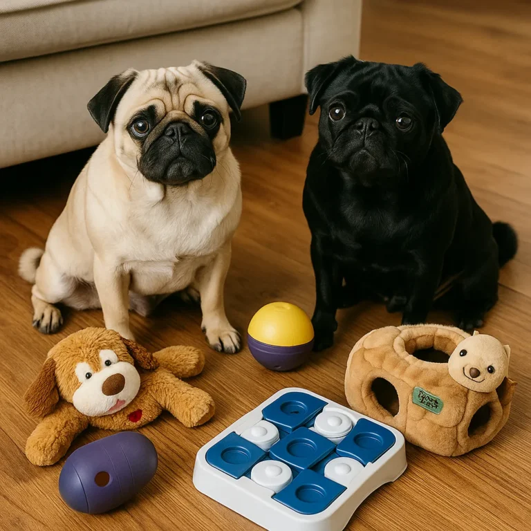 Two pugs, one fawn and one black, sitting on a hardwood floor surrounded by interactive dog toys including a treat puzzle, plush toy, and dispenser.