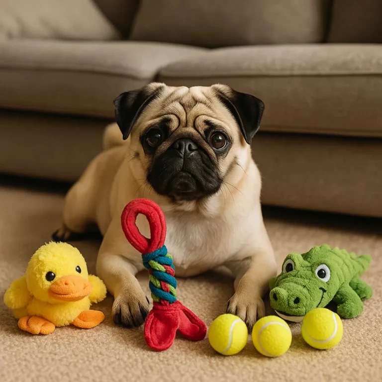 A fawn-colored pug sitting on a beige carpet surrounded by a yellow plush duck, a red and green rope toy, a green plush alligator, and three yellow tennis balls, with a soft brown couch in the background.