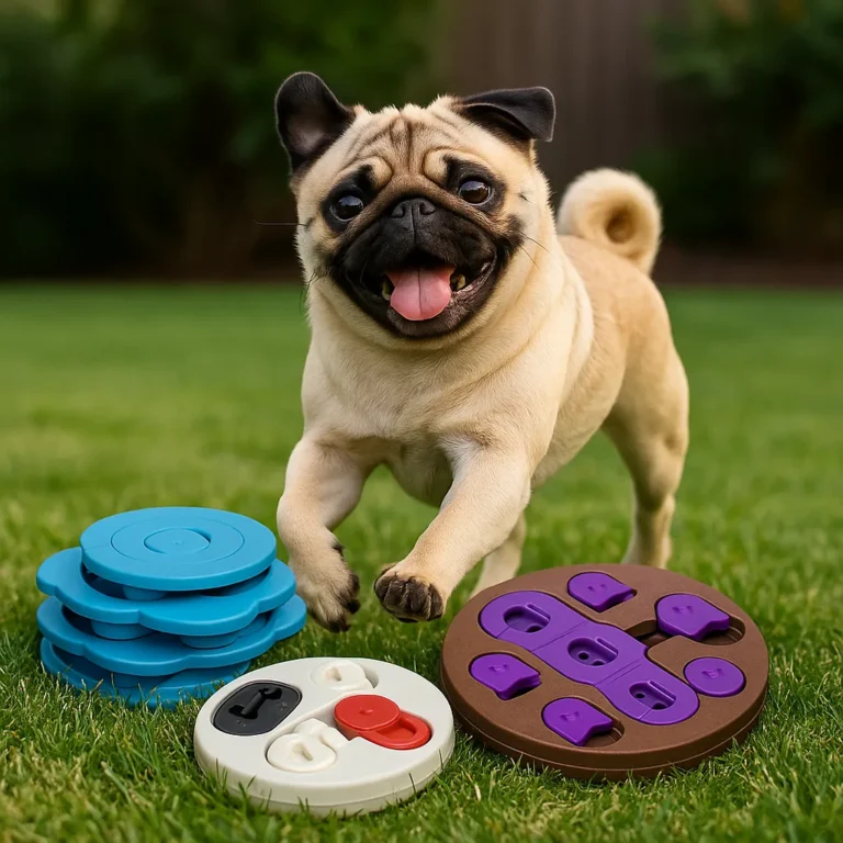 A happy fawn-colored pug running on grass near three colorful puzzle dog toys