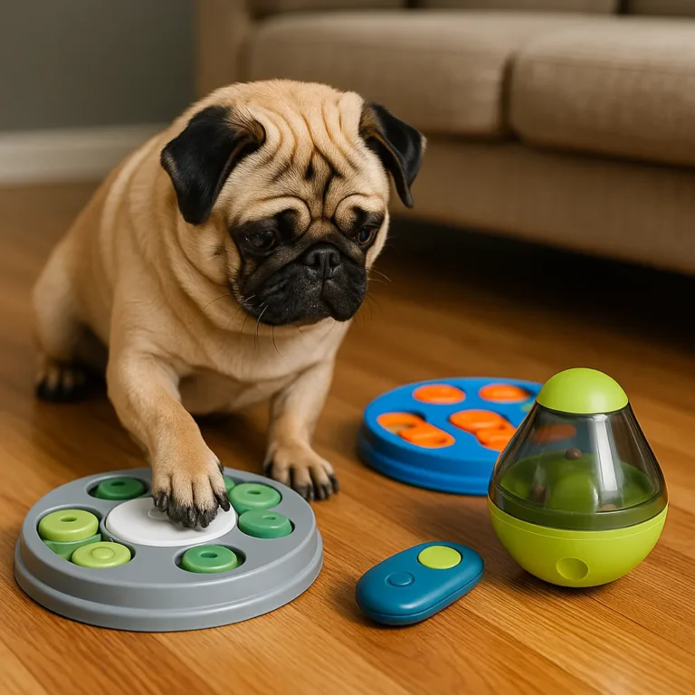 A photograph of a fawn-colored adult Pug with a wrinkled face playing with three colorful interactive puzzle toys on a hardwood floor.