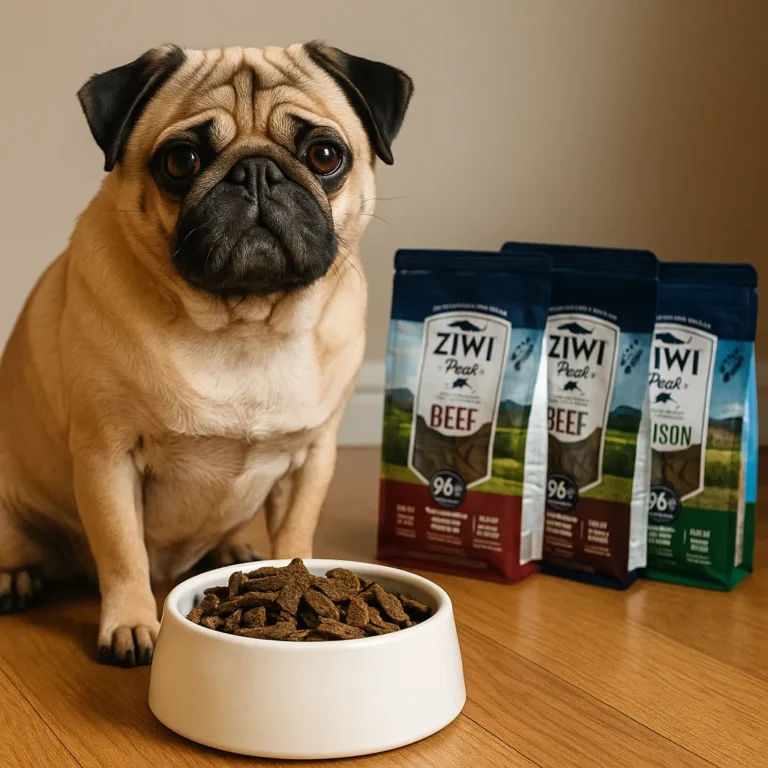 A fawn-colored adult pug sits on a wooden floor beside a white bowl filled with air-dried dog food, with Ziwi Peak Beef, Lamb, and Venison pouches displayed in the background.