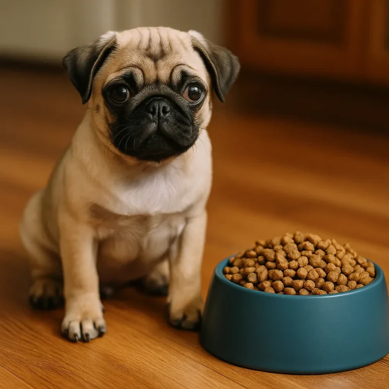 A young pug puppy sitting on a hardwood floor next to a full blue kibble bowl, with soft natural lighting highlighting its face and fur.