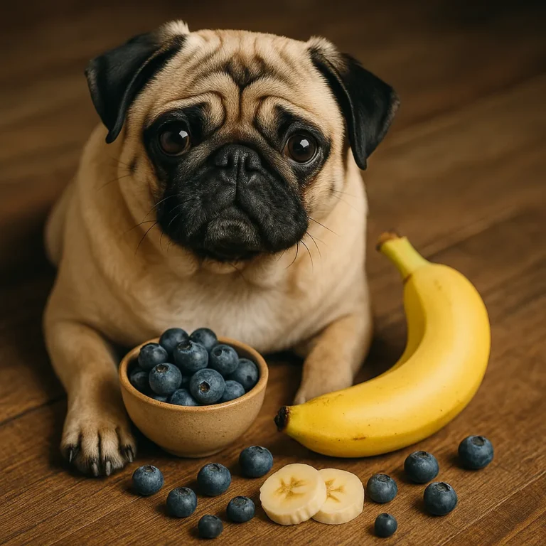 A photograph of a pug features the dog sitting on a wooden floor next to a fresh banana and a bowl of blueberries, with a few fruit pieces scattered around.