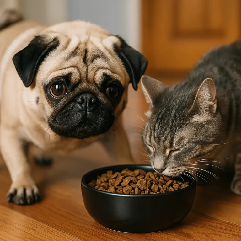 A fawn-colored pug and a gray tabby cat on a hardwood floor next to a black bowl of air-dried pet food, with the cat eating and the pug watching closely.