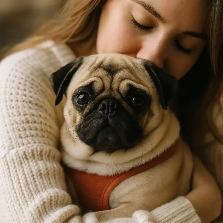 A pug with fawn-colored fur and a red harness is gently held in a woman's arms, creating a calm and affectionate moment in soft natural light.