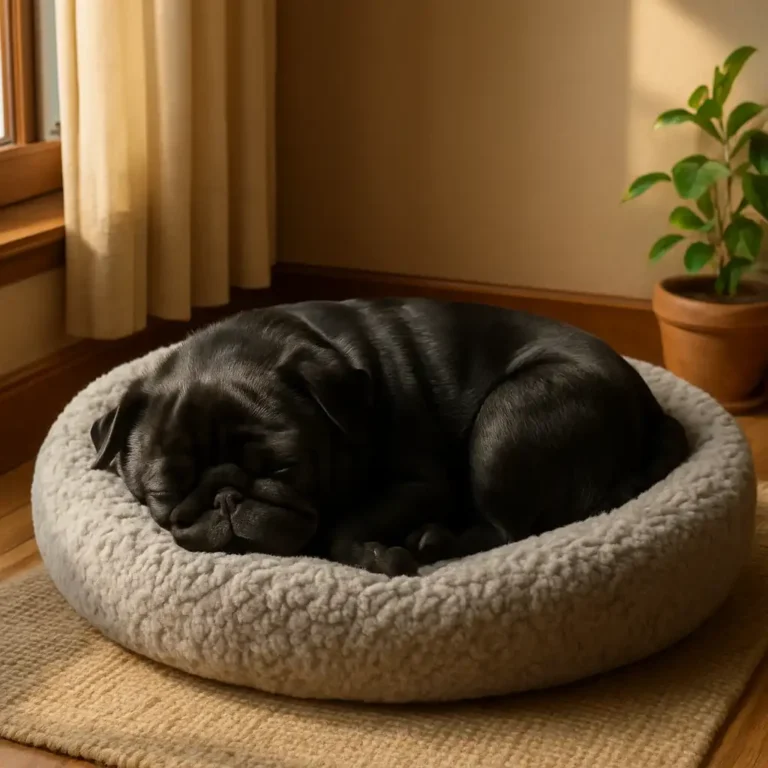 A black pug peacefully sleeping, curled up on a soft gray dog bed in a sunlit corner of a cozy room with warm wooden accents.