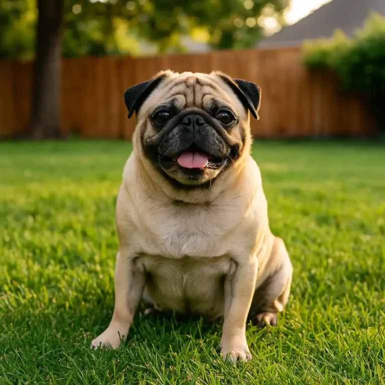 A fawn-colored pug sits on green grass in a backyard during golden hour, with a wooden fence and trees softly blurred in the background.