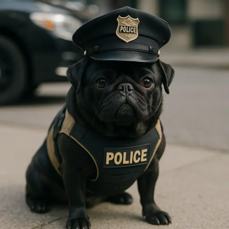 A black pug dressed in a police officer costume, complete with a cap and vest, sitting alert on a city sidewalk with a police car in the background.