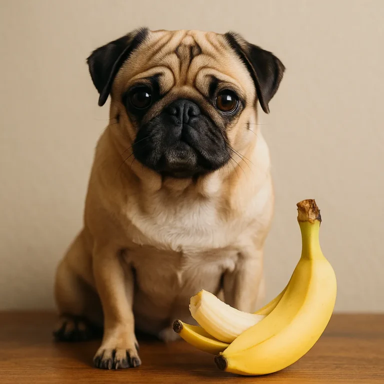 A curious fawn-colored pug sits beside a partially peeled banana on a wooden surface, against a soft beige background.