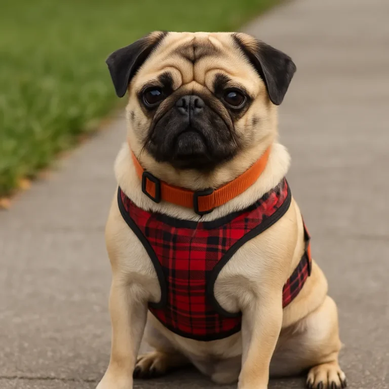 A photograph features a fawn-colored adult Pug sitting on a sidewalk wearing a red plaid harness and orange collar, with green grass in the background.