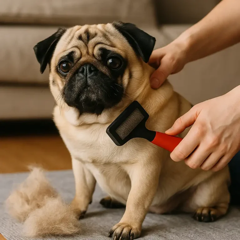 A fawn-colored adult pug being gently brushed with a deshedding tool, with loose fur on the floor beside it in a cozy indoor setting.