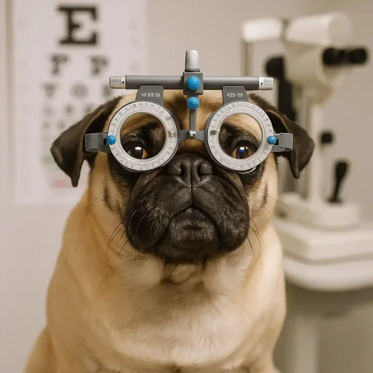 A fawn-colored pug wearing optometry trial frames during an eye exam, sitting in front of an eye chart in a veterinary clinic.