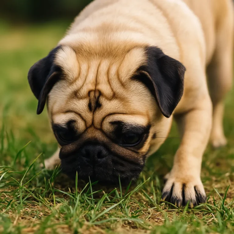 A pug with a wrinkled face sniffs the grass closely, focused and curious, in a sunlit outdoor setting.