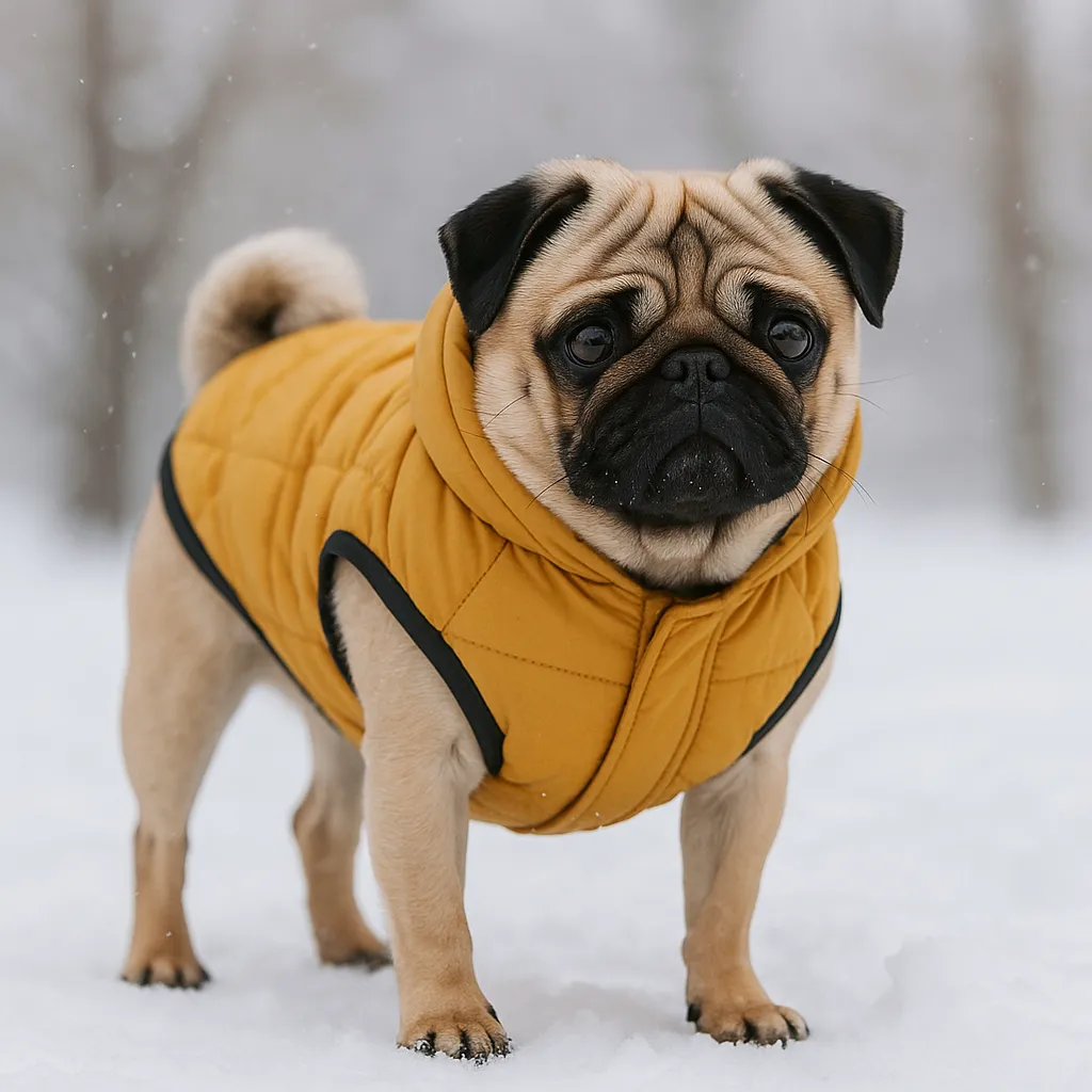 A fawn pug wearing a yellow winter jacket stands in the snow with soft snowflakes falling around, highlighting its expressive face and curled tail.