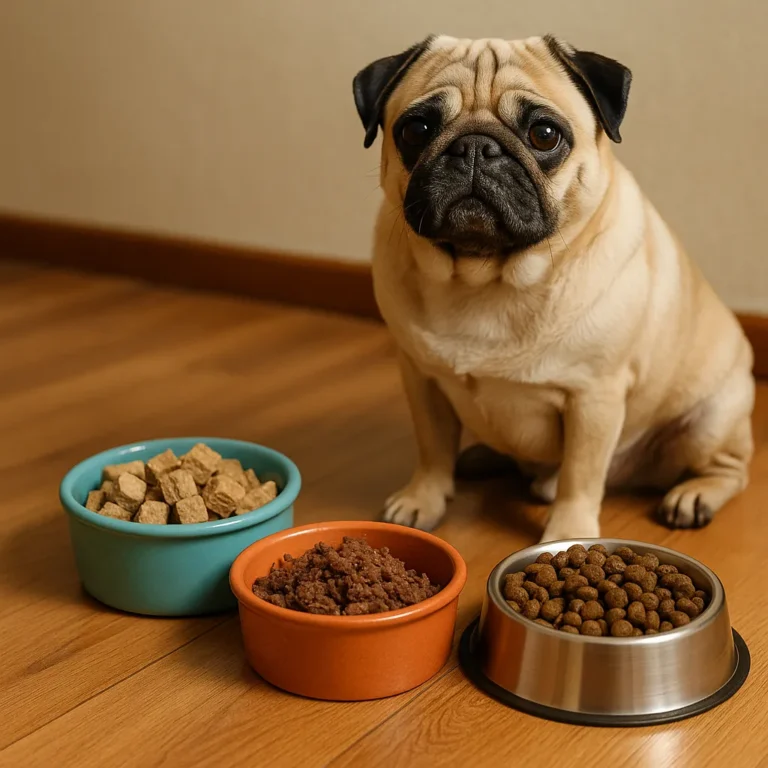 A pug sitting on a hardwood floor next to three bowls of dog food—freeze-dried chunks, moist shredded food, and dry kibble—lit by soft natural light.