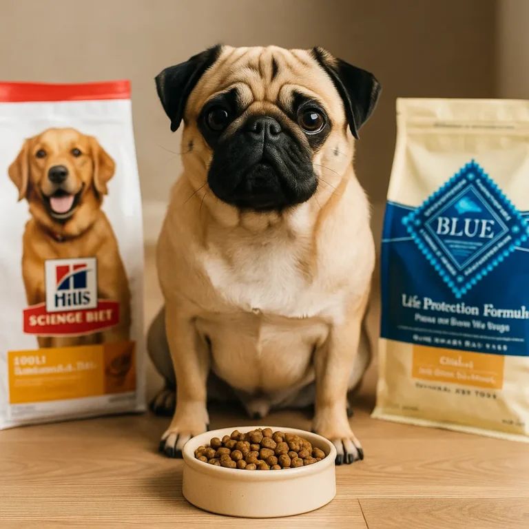A fawn-colored adult pug sitting beside two open dog food bags labeled Blue Buffalo and Hill's Science Diet, placed on a kitchen floor.