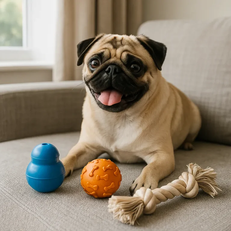 A fawn-colored adult pug sitting on a sofa with colorful chew toys including a treat-dispensing ball, rubber ball, and rope toy.