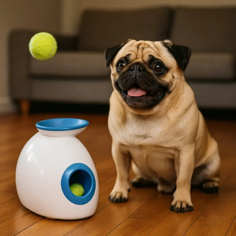A fawn-colored pug sits indoors on a hardwood floor, staring excitedly at a mini tennis ball being launched from a white automatic dog ball thrower.
