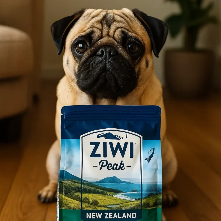 A fawn-colored pug sits on a hardwood floor behind a bag of ZIWI Peak dog food, with a beige sofa and potted plant in the background.