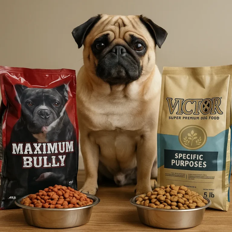 A fawn-colored pug sits between two bags of dog food—Maximum Bully on the left and Victor on the right—with two stainless steel bowls of kibble in front, on a wooden floor.