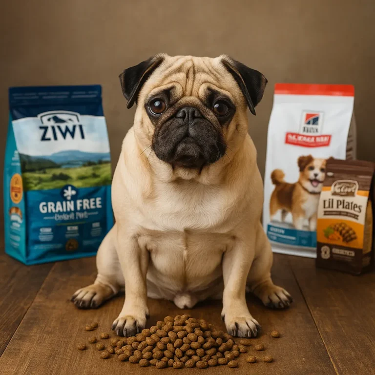 A fawn-colored pug sits on a wooden floor in front of several premium small dog food bags, including Ziwi, Hill’s Science Diet, and Merrick, with kibble scattered in front.
