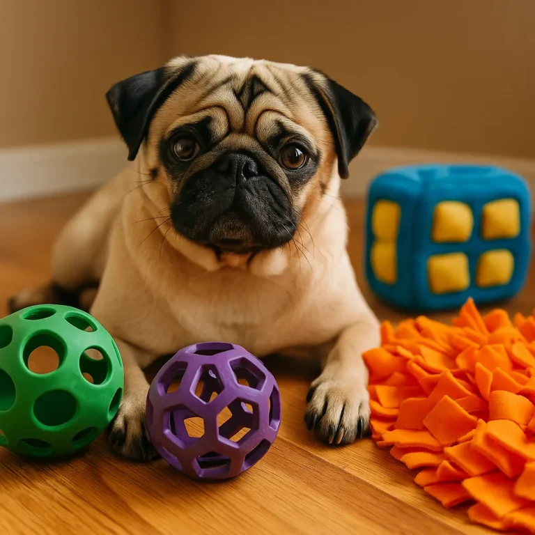 A photograph of a fawn-colored pug with a wrinkled face surrounded by colorful enrichment toys on a hardwood floor, including a green rubber ball, a purple puzzle ball, and an orange snuffle mat.