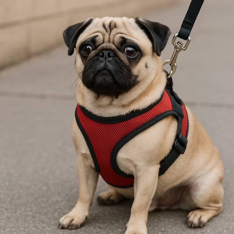 A fawn-colored pug sitting on a sidewalk wearing a red chest harness, looking alert and comfortable on leash.
