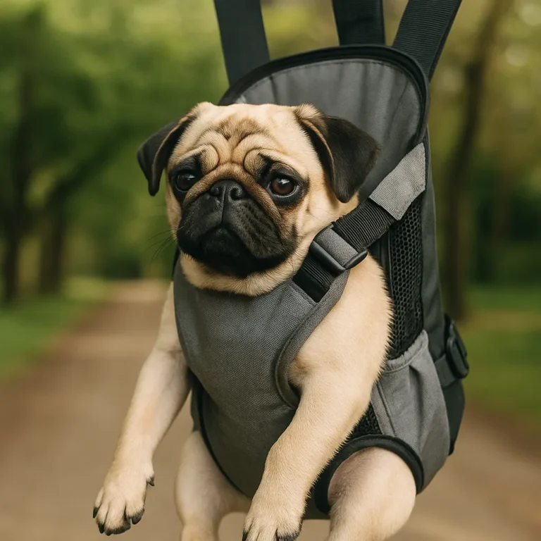 Fawn-colored pug sitting in a grey front dog carrier on an outdoor path surrounded by green trees.