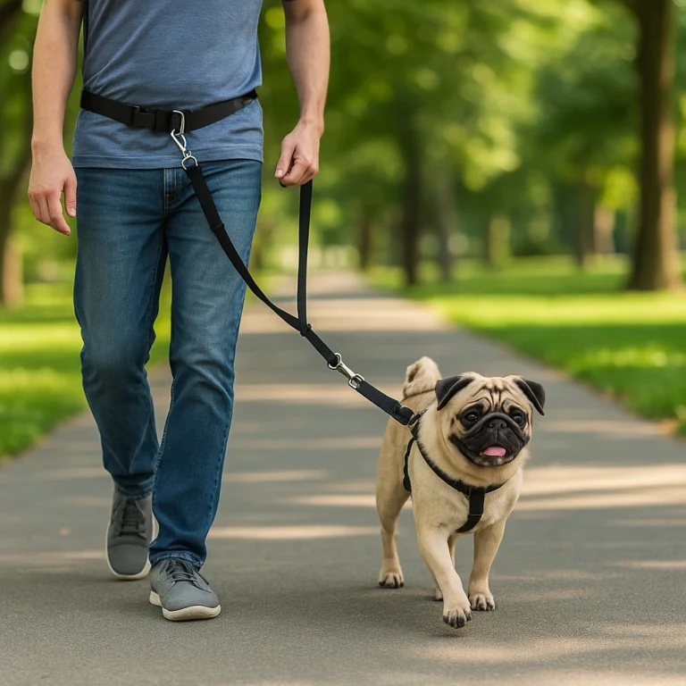 A pug being walked by its owner using a hands free leash attached to a waist belt, along a sunny park path.