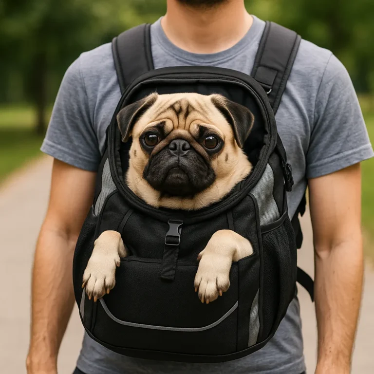 Pug sitting comfortably in a black hands-free dog carrier backpack, outdoors on a sunny day.