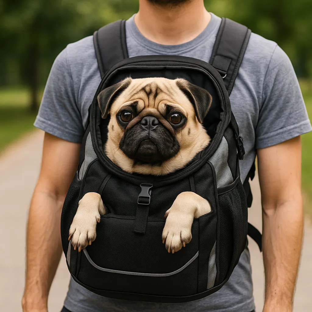 Pug sitting comfortably in a black hands-free dog carrier backpack, outdoors on a sunny day.