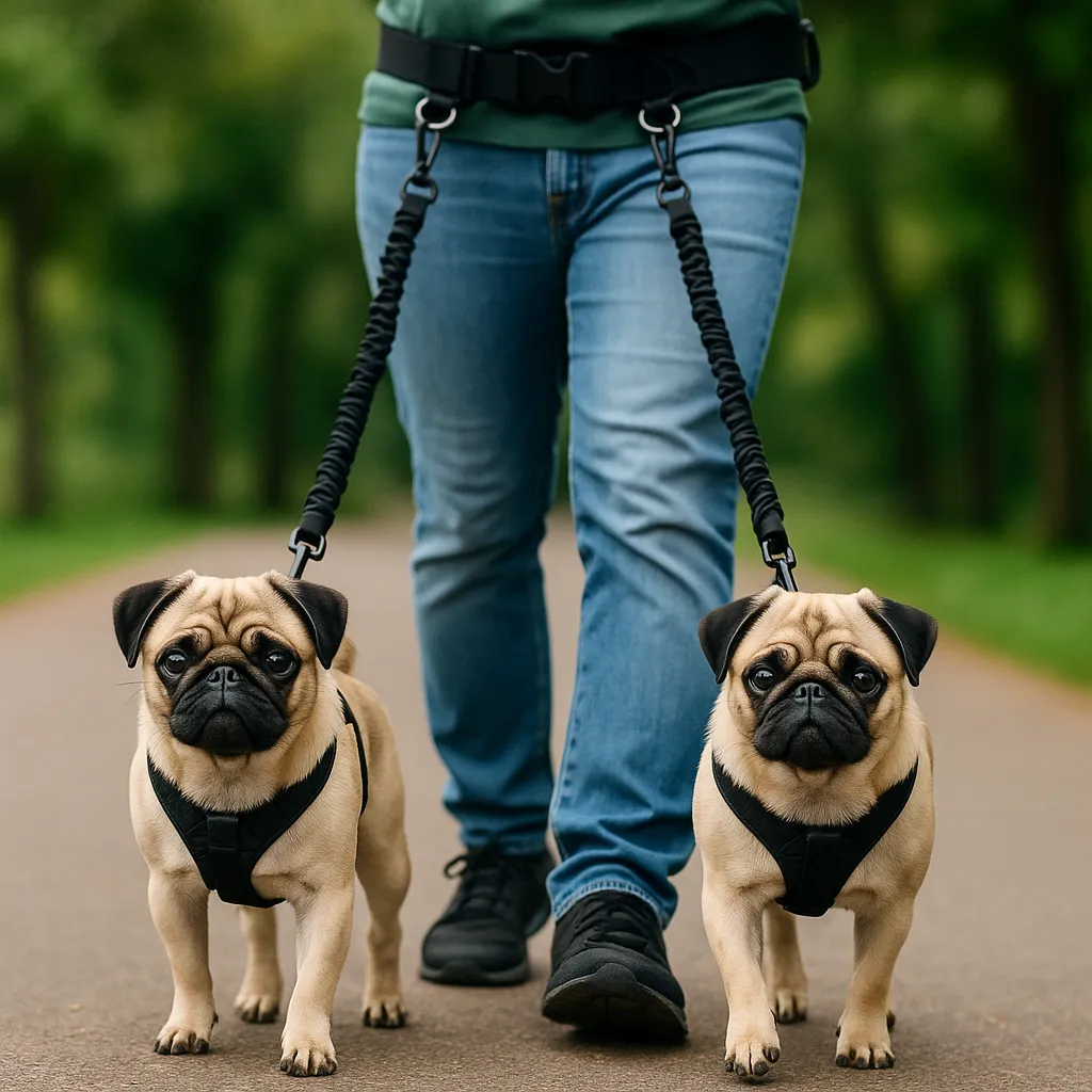 Two fawn-colored pugs being walked side by side on individual hands-free leashes connected to a person's waist belt, with a park-like path and greenery in the background.