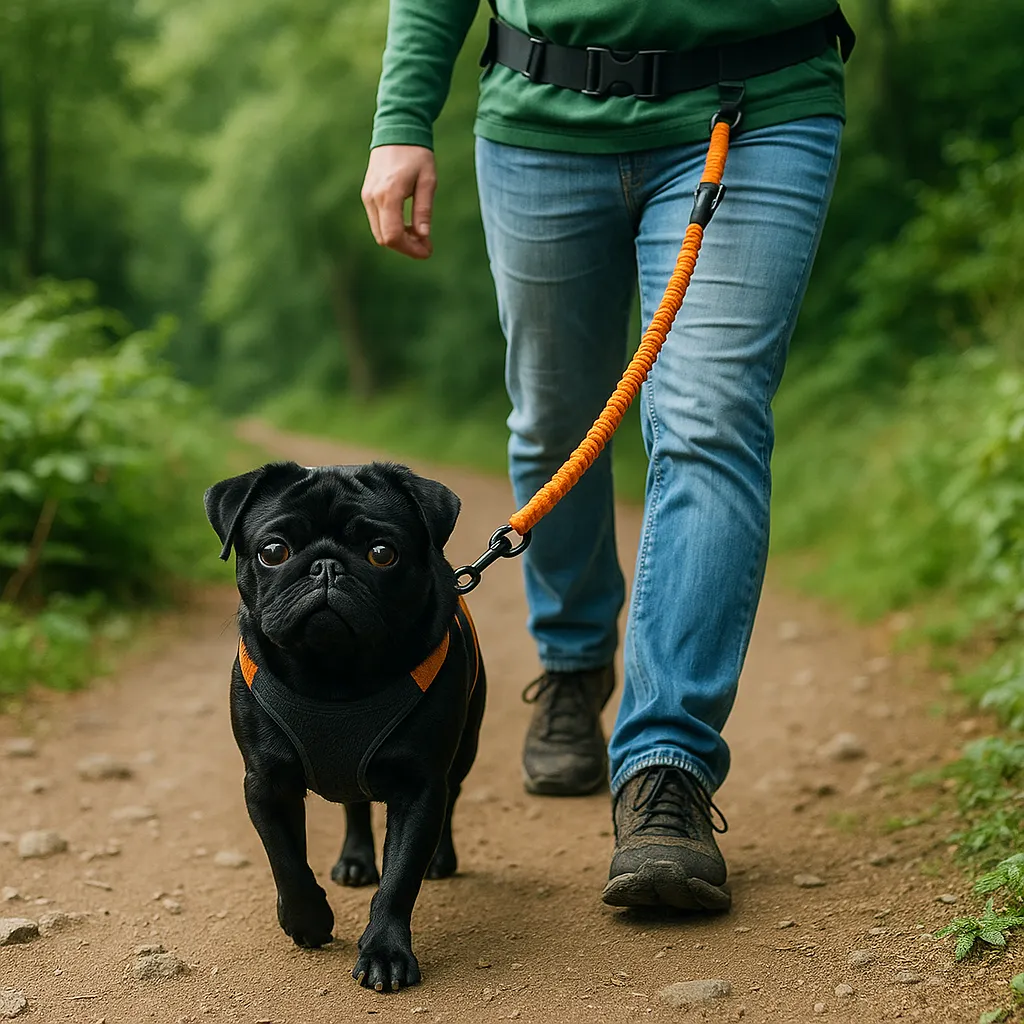 A black pug hiking along a dirt trail wearing a hands-free leash, surrounded by lush green trees and natural light.