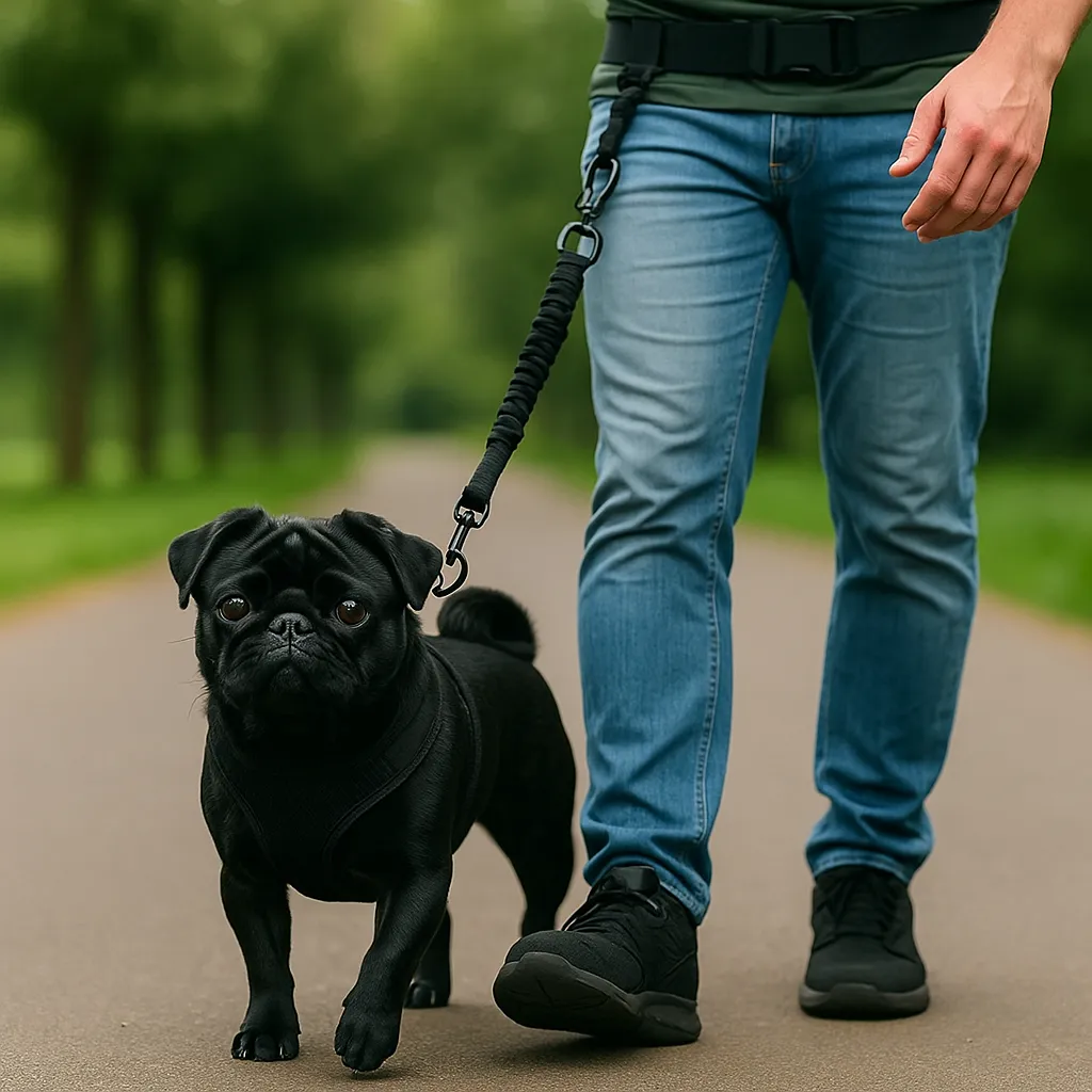 A black pug being walked with a hands-free leash attached to a waist belt, strolling along a paved path with greenery in the background.