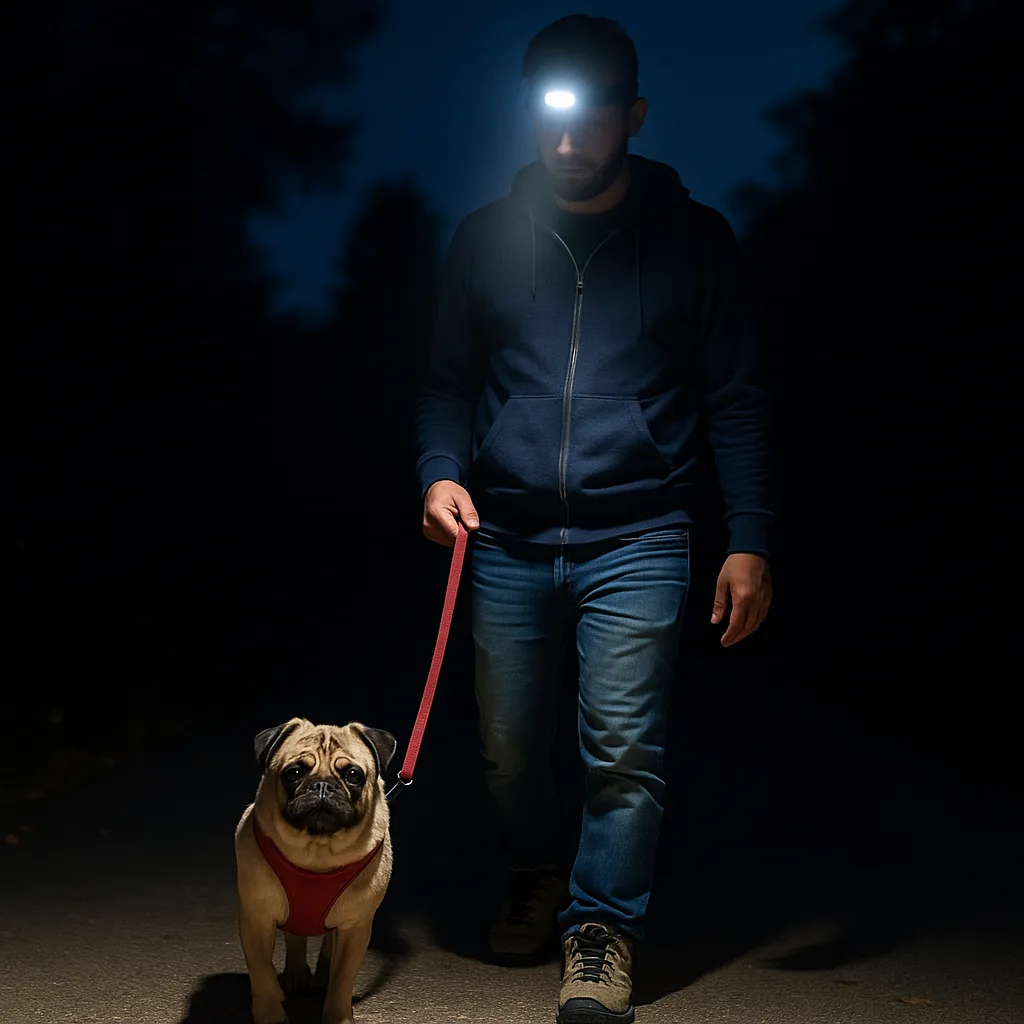 A pug walking at night with its owner, illuminated by a wearable headlamp in a park setting