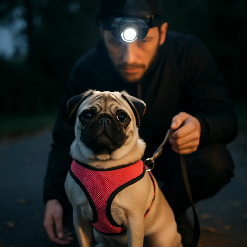 A pug being taken on an early morning walk with a headlamp shining on the trail.