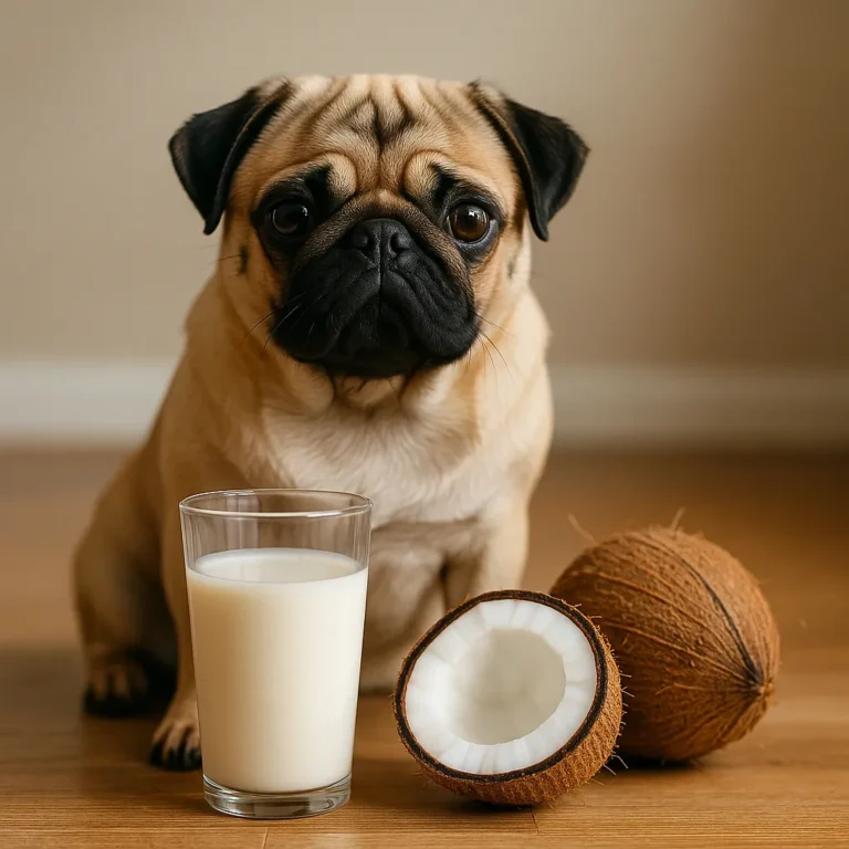 Fawn-colored pug sitting beside a glass of coconut milk and a halved coconut on a wooden floor, with soft natural lighting.