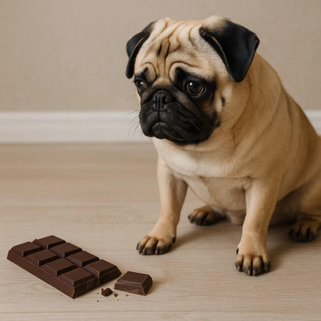 A fawn-colored pug sitting on a hardwood floor, staring at a broken bar of dark chocolate with a concerned expression—highlighting the danger of chocolate for dogs.