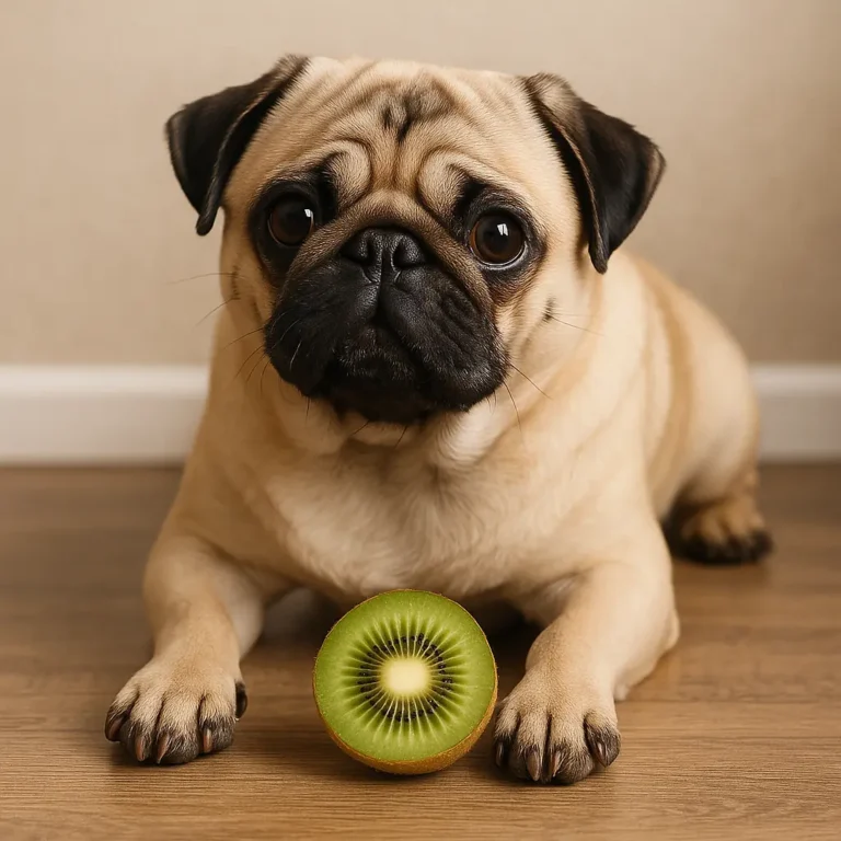 A fawn-colored pug sitting on a wooden floor with a halved kiwi fruit in front of its paws, looking up with wide, curious eyes.