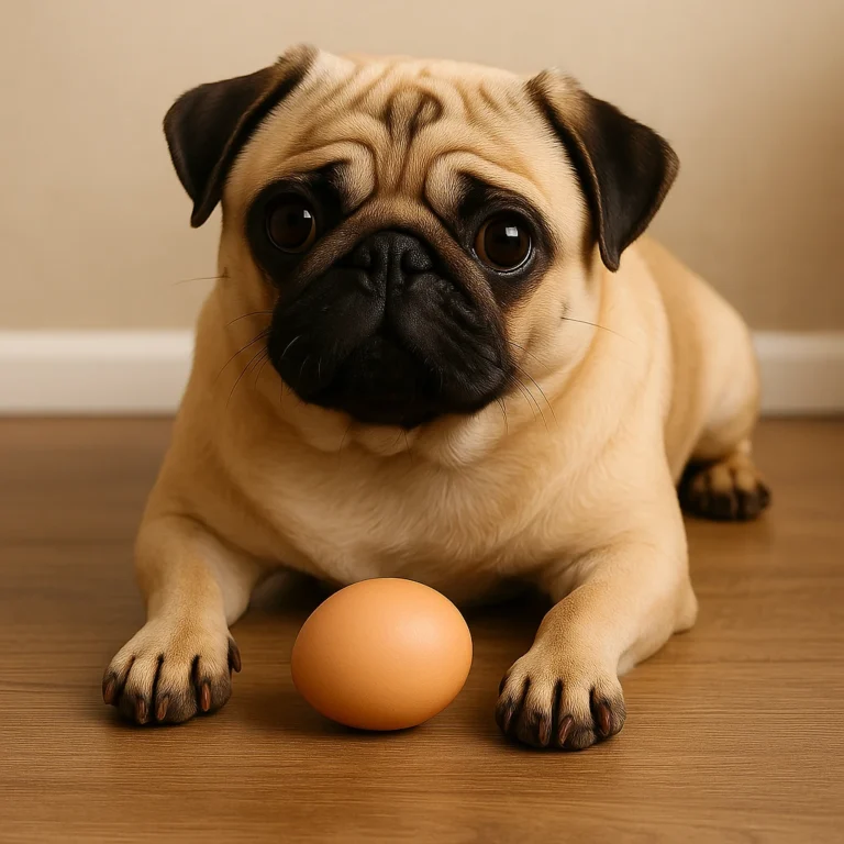 A fawn-colored adult pug lying on a wooden floor next to a raw chicken egg, looking alert and curious