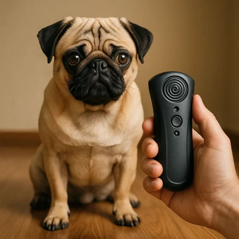 Fawn-colored pug sitting attentively on a wooden floor while looking at a handheld ultrasonic dog training device held in front of it