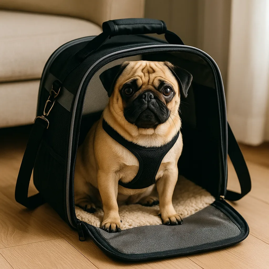 A photograph of a fawn-colored pug with a compact, stocky build sitting calmly inside a soft-sided pet carrier with mesh sides and a padded floor, positioned on a wooden floor next to a couch in a softly lit room.