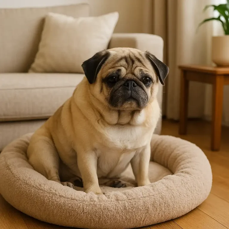 Elderly fawn pug sitting peacefully on a plush beige dog bed in a cozy living room.