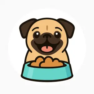 A happy pug face icon representing pug nutrition and food guidance