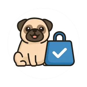 A happy cartoon pug sitting next to a blue shopping bag with a checkmark, symbolizing trusted product picks for pugs.