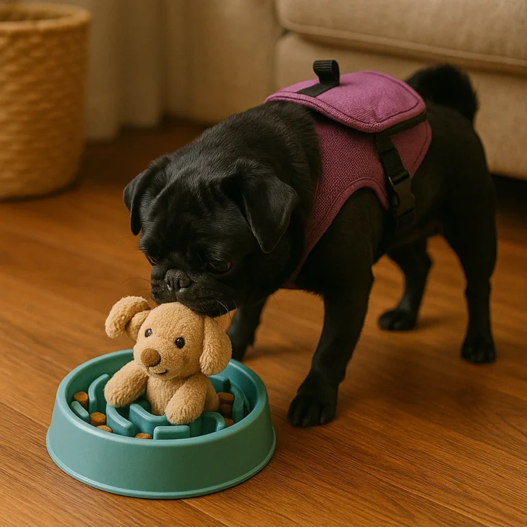 A black pug wearing a purple backpack harness stands over a teal slow feeder bowl, gripping a plush dog toy in its mouth on a hardwood floor.